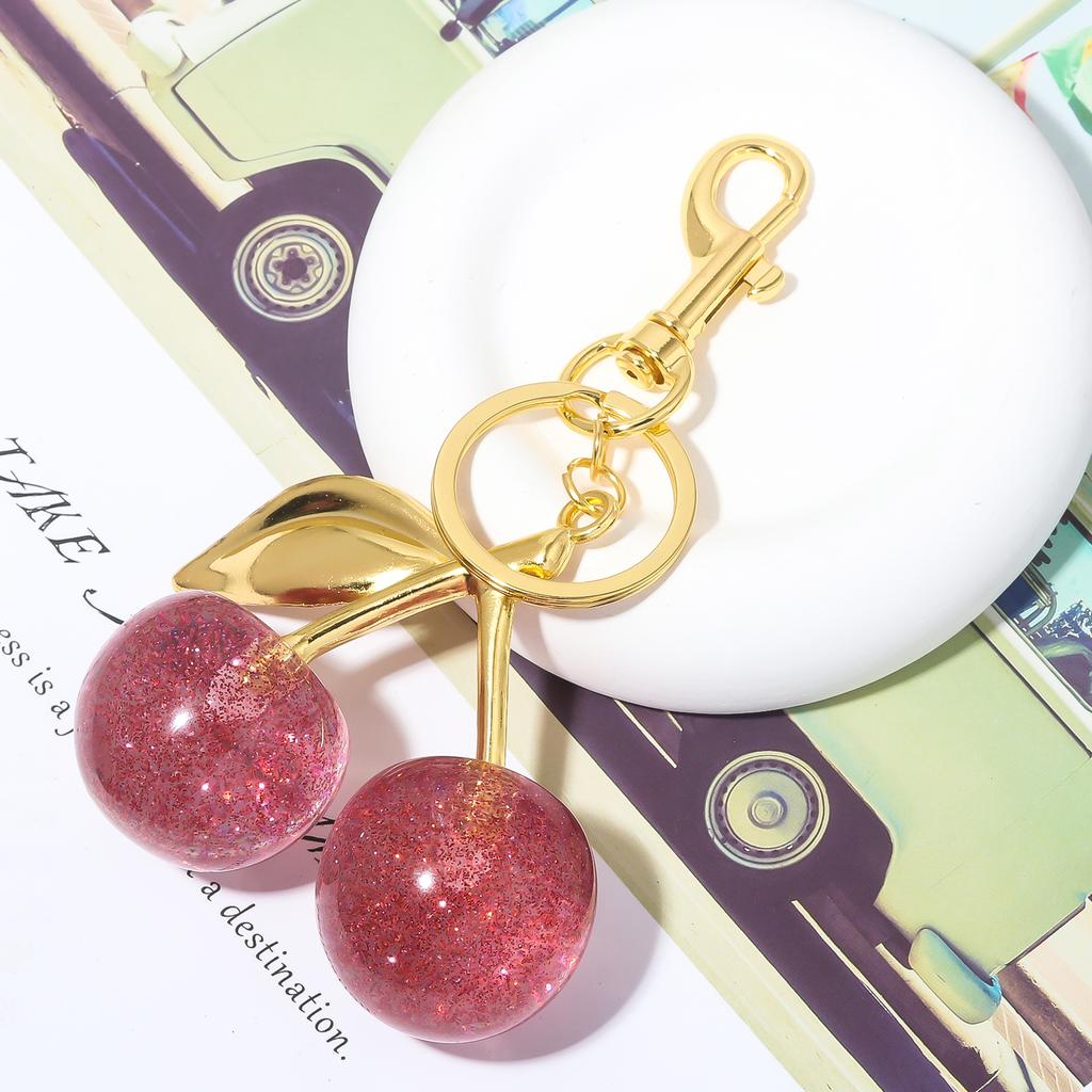 Delicious Exquisite Cherry Crystal Fruit Bag Charm Keychain Pink Cherry Keyring for Elegant Women Jewelry Accessories Gift