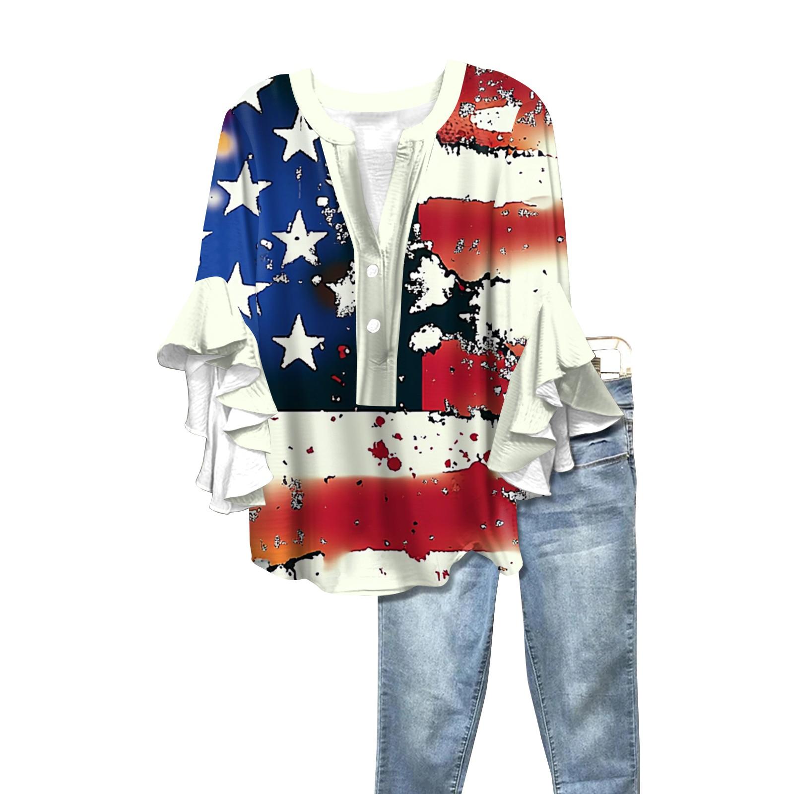 

Summer Women s Tops V Neck Seven Sleeve Shirt Independence Day Printed Tops Casual Shirt L синій