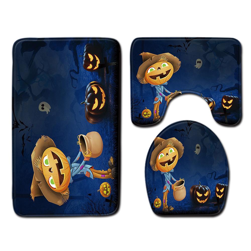 Halloween Shower Curtain Floor Mat Combination Four-Piece Set Bathroom Toilet Carpet Shower Room Foot Mat