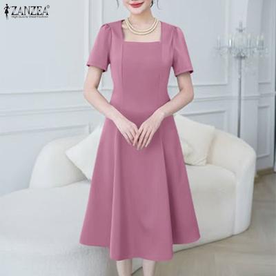 Women Casual Square Collar Summer Short Sleeve Dress