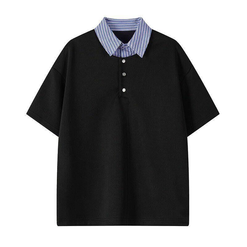 Dongjie Nologo Summer Two-Piece Patchwork Striped Lapel Short-Sleeve T-Shirt for Men, Bai Jingting's Goodbai Top