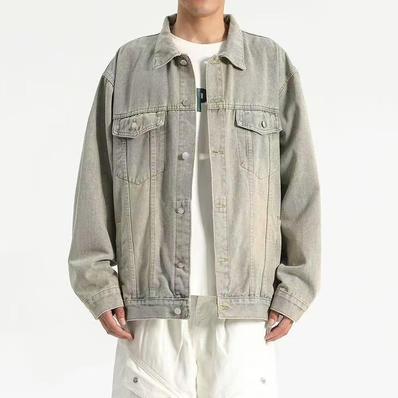 Denim Jacket Men Distressed Turn Down Collar Coats Single Breasted Washed Outerwear Loose Fit Pockets