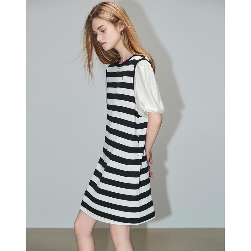 Demana Summer Lyocell Patchwork Striped Round Neck Lantern Sleeve Dress