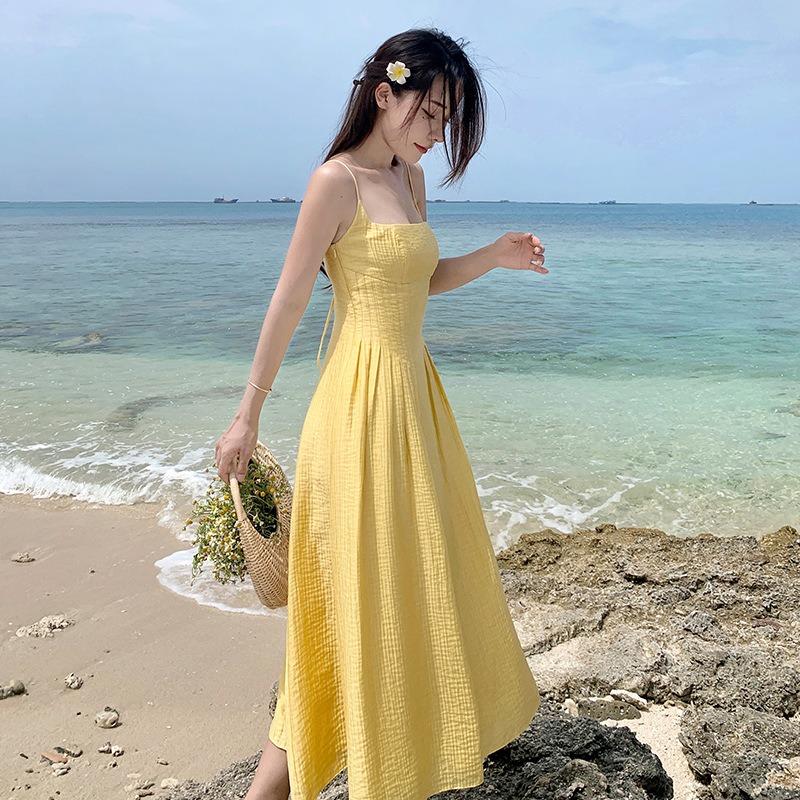 Retro Yellow Waist Suspender Dress Women s Summer Summer New Seaside Vacation Gentle Sexy Long Skirt S жёлтый