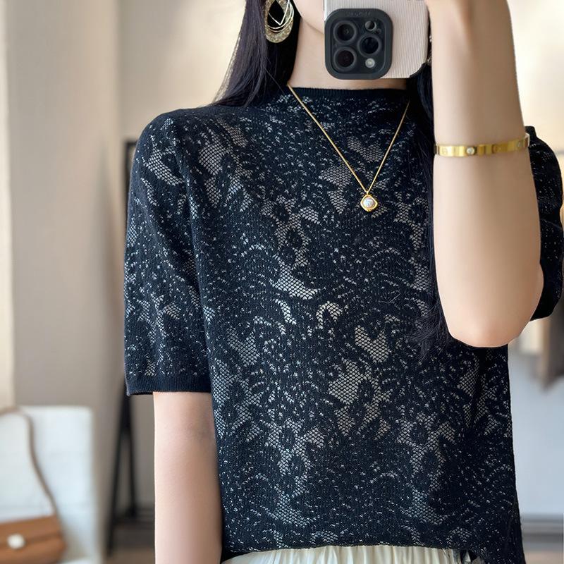 Half-high Neck Hollowed-out Imitation Wool Knitted Short-sleeved T-shirt Base Shirt for Women's Summer New Fashionable Top