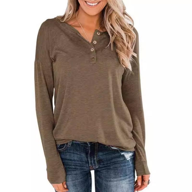 European American New Women's Solid Color Knitted Long-sleeved Round Neck Pullover Button Top T-shirt