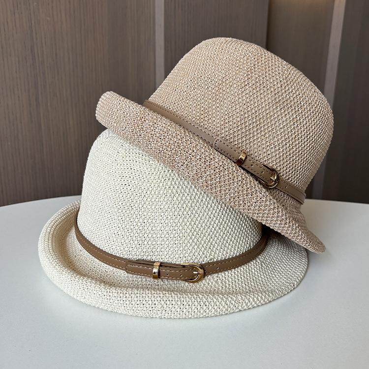 Spring and summer knitted breathable metal belt buckle bucket hat female vacation travel sunshade sunscreen hat curled small edge basin hat