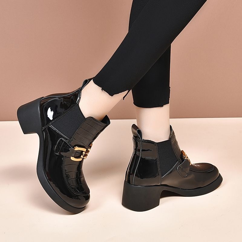 Fhanchu  New Chelsea Ankle Boots,High Heeled Botas,Round Toe Patent Leather Autumn/Winter Shoes,Size 35-40,Black,Dropship