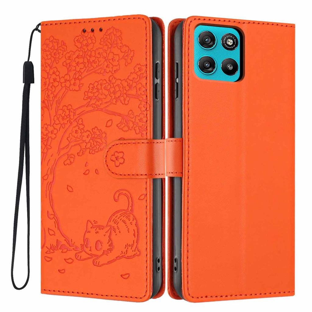 For Motorola Moto G67 Power 5G/G57 Power 5G Stand Case Tree-and-Cat Pattern PU Leather Wallet Protective Phone Cover with Wrist Strap