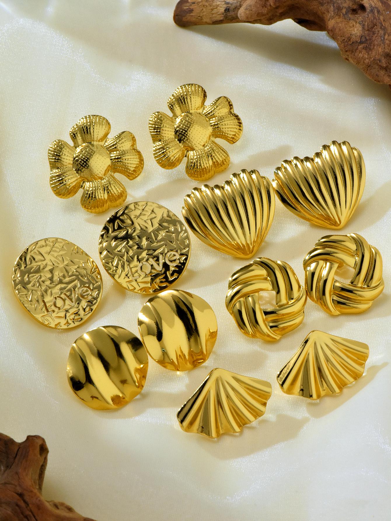 

6 pair/Set Of 18k Gold Plated Stainless Steel Fashion Light lLuxury Irregular Stripe Geometric Earrings, Suitable For Daily Wear