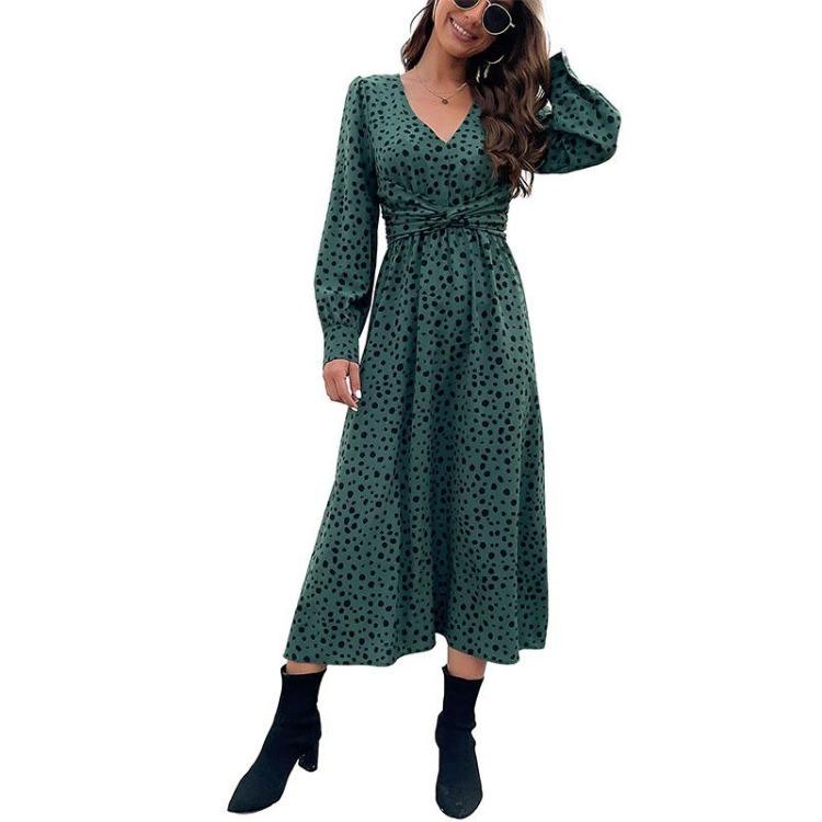 Green Leopard Print Chic Women Dress High Waist Long Sleeve V Neck Long Dress