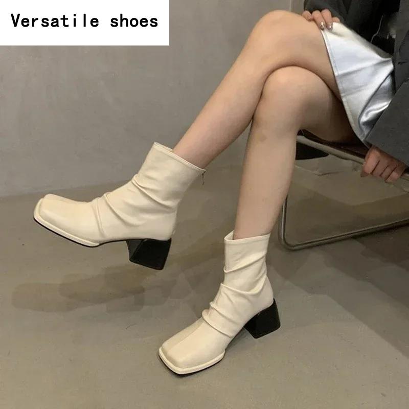 Herbst Winter Frauen Stiefeletten Fashion Square Toe Zurück Reißverschlüsse Schuhe Vintage Square Heels Damen Kurze Booties