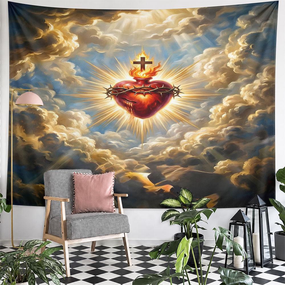 Sacred Heart In Radiant Clouds Pattern Wall Hanging Tapestry Decorative Tapestry Home Decor for Bedroom and Living Room