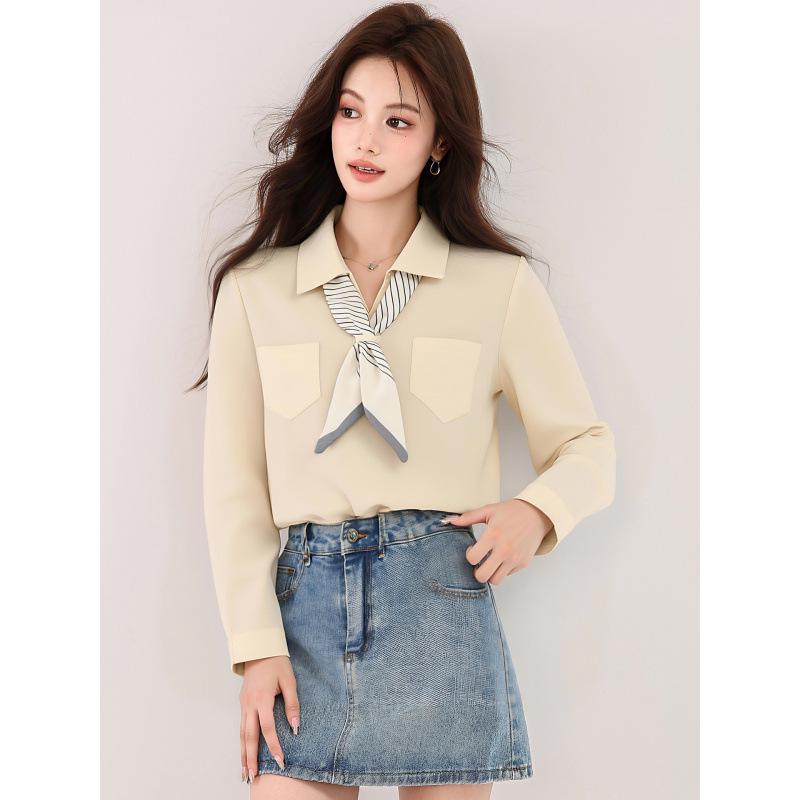 

Women s French Apricot V-Neck Polo Collar Long Sleeve Shirt, New Spring 2026 Casual Loose Top Medium абрикосовый