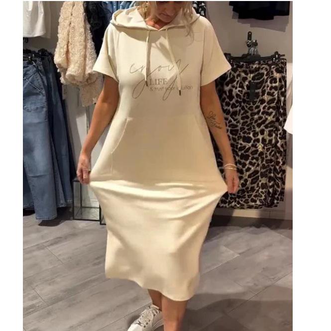 

Summer new European and American casual solid color short-sleeved pocket hooded dress women s clothing XS