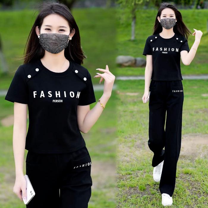 Youthful Summer 2025 Loose Round Neck Short Sleeve Top & Straight Leg Pants Set - Fashionable Sportswear for Versatile, Age-Reducing Style