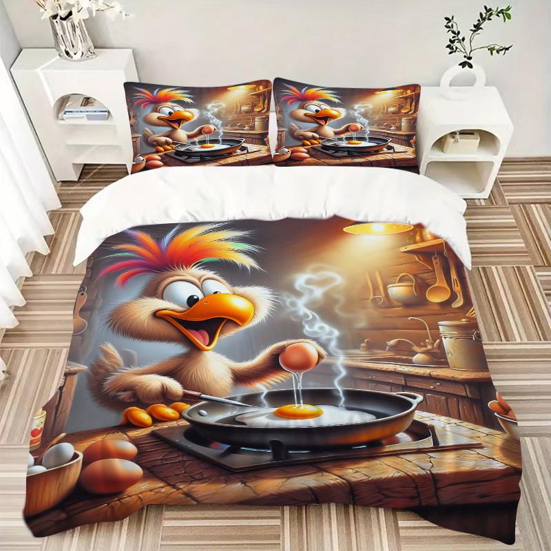 3pcs Anime Cartoon Chicken Bedding Set - Includes One Quilt Cover and Two Pillowcases (No Core) - Perfect for Bedroom and Guest Room Decorat