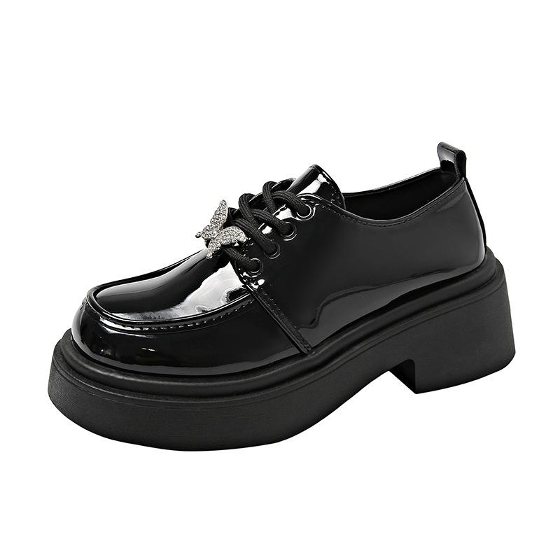 Black Small Leather Shoes Women's 2025 New Spring and Autumn Patent Leather Butterfly Diamond College Wind Lace-up Thick-soled Deep-mouth Single Shoe