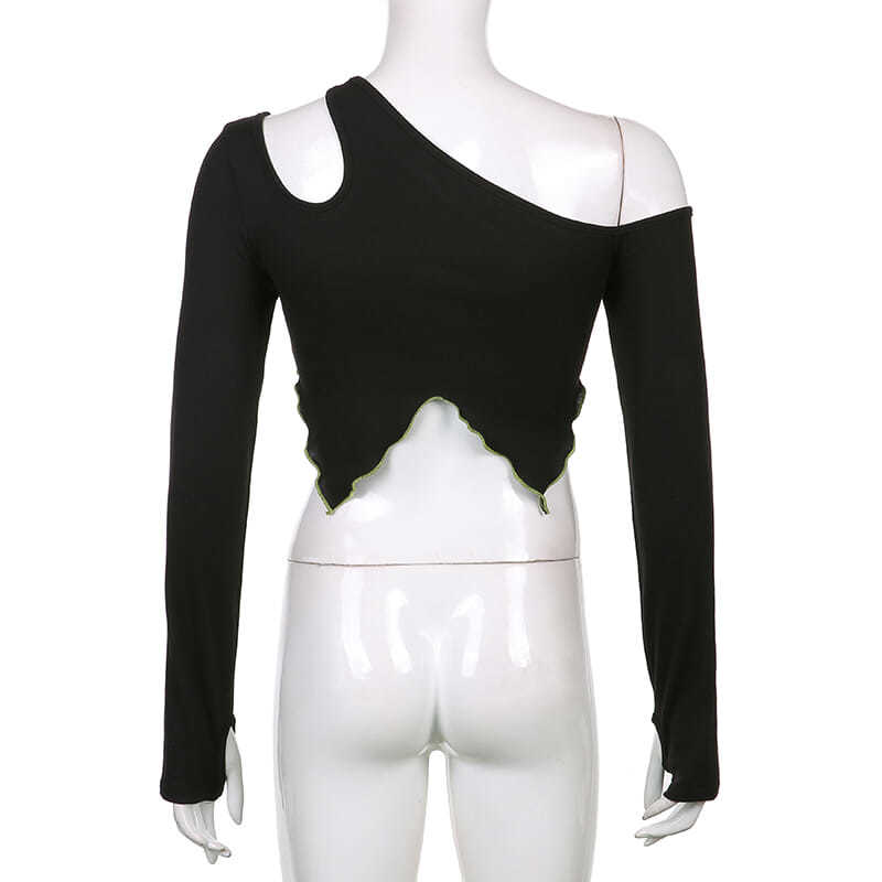 Dvoudílné tričko v kontrastní barvě s odklopenými rameny Dámské Slim Nepravidelné Top Krátký Dlouhý Rukáv