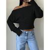 Women Loose Off Shoulder Long Sleeve Knit Cropped Sweater