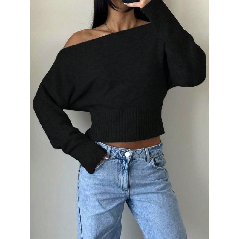 Women Loose Off Shoulder Long Sleeve Knit Cropped Sweater