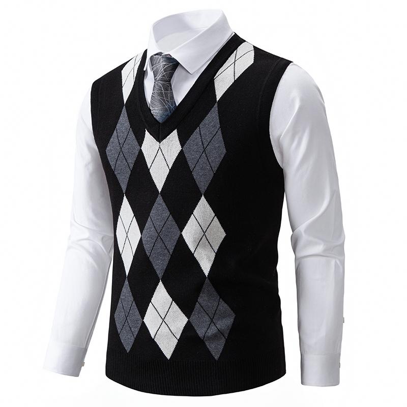 Herren Argyle Westen Mode V-Ausschnitt Ärmelloser Pullover Weste Luxus Kontrast Herren Strickweste