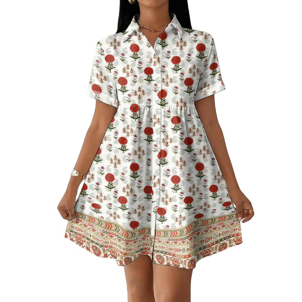 Casual Loose Fit Shirt Dress with Button Front and Stand Collar Short Sleeve Printed Summer Dress for Women