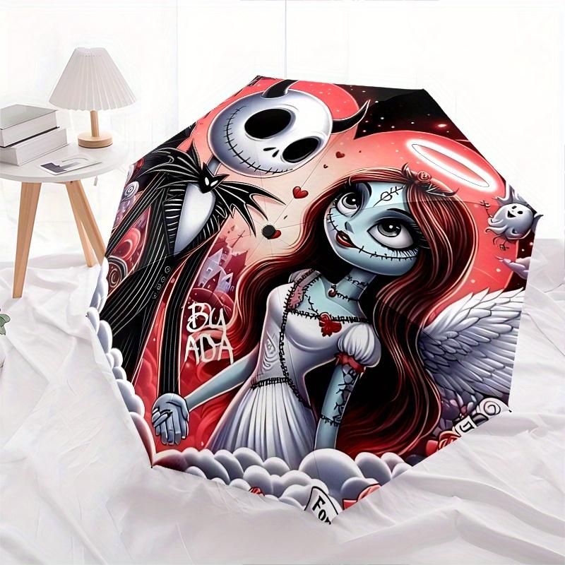 1 Automatischer Regenschirm mit 8 Speichen, Motiv Jack Skellington und Sally, Bunt, Tragbar, für Damen und Herren, Ein Kompakter Begleiter für den Weg zur Arbeit, Geeignet für Da