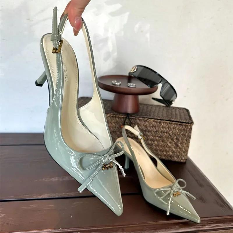 Fashion Fashion Bow Metal Buckle Design High Heels Women Sexy Pointed Toe Patent Leather Slingback Heeled Sandals Elegant Party Shoes