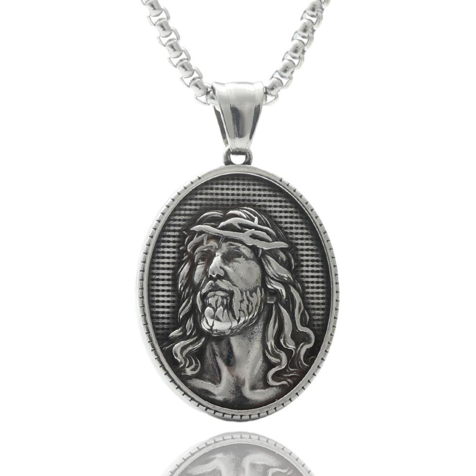 

Retro Religious Pendant Necklace for Men Stainless Steel Round Feature Charm Neckchain Vintage Neck Jewelry Present