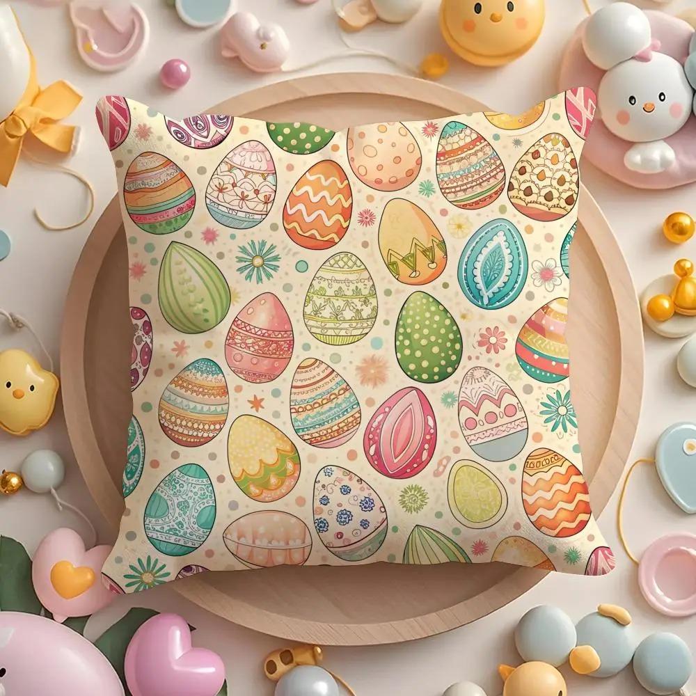 Happy Easter Bunny Pillowcase Peach Skin Colorful Egg Cushion Cover Spring Home Decor For Sofa Kids Room Throw Pillow Case 1 Pc