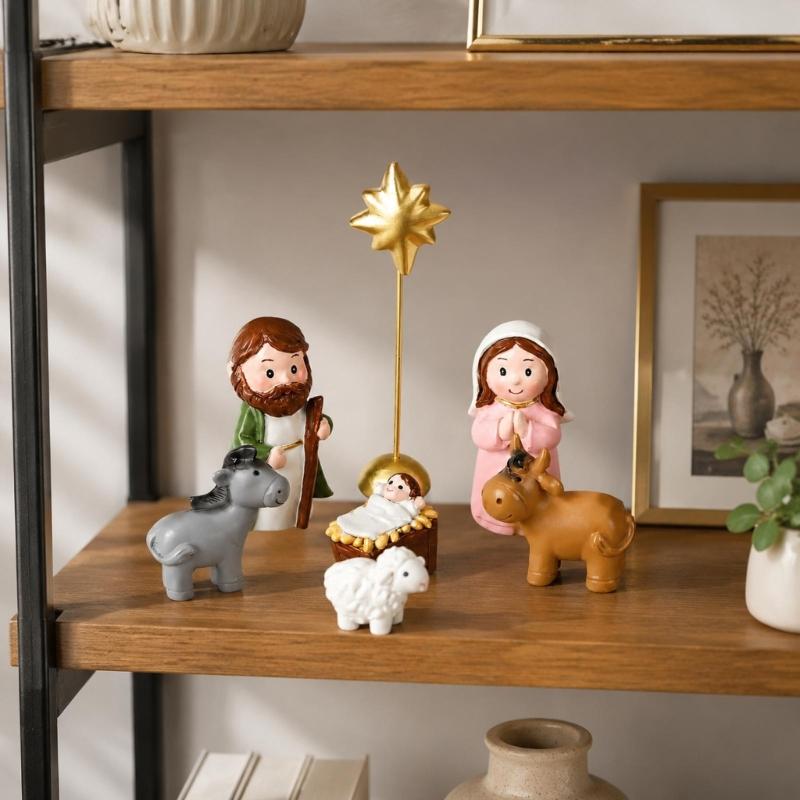 Holy Family Nativity Scene Figurine Set for Christmas Decors, Resin Cartoon Manger Scene Animals for Small Tabletop Space, Shelves, Mantels, Cabinets,