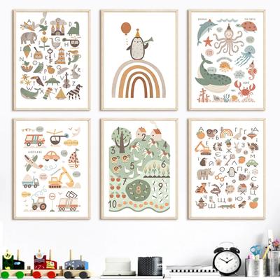 Alphabet Cartoon Educate Nursery Poster Car Animals Nordic Green Wall Art Print Canvas Painting Picture Kids Baby Room Decor