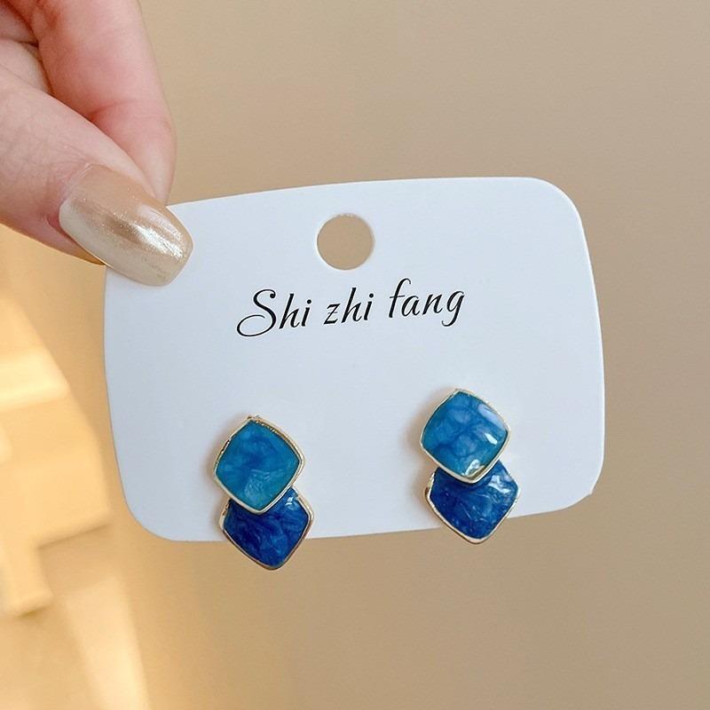 New Korean Fashion Enamel Double Square Drop Earrings Geometric Unique Blue Rhombus Hang Earrings For Women Trendy Jewelry Gifts