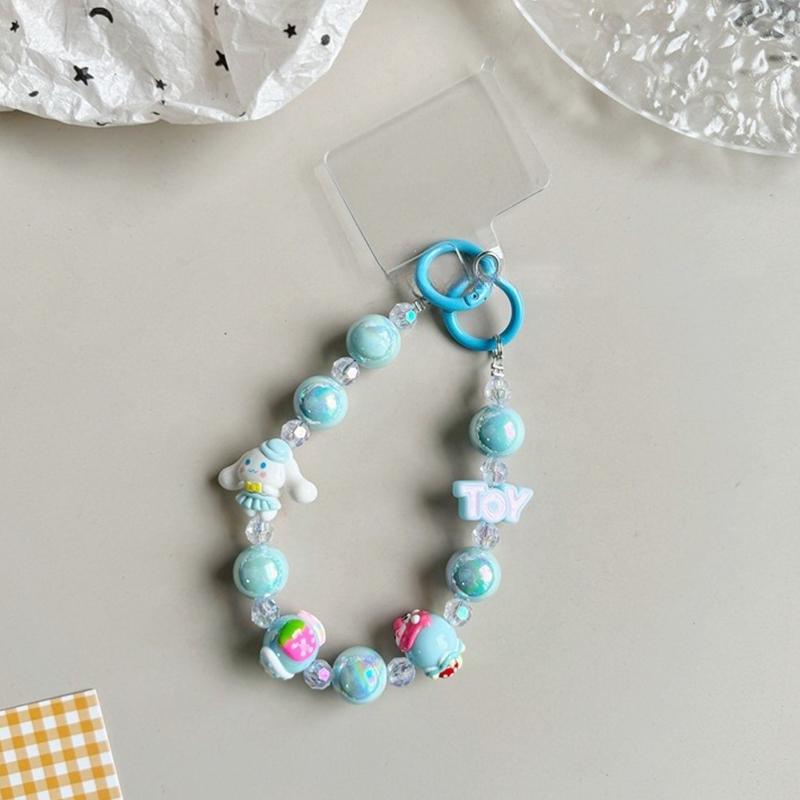 Sanrio Beads Phone Pendant Hello Kitty Kuromi Melody Keychain Wrist Strap Bag Decor Car Keyring W/Card