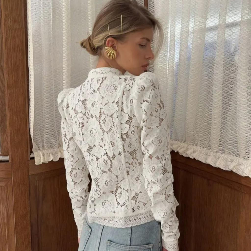 VAYLA Lace Printed Shirts Tops Female Hollow Out Fashion Commute Vintage See-Through Blouse Women's Lace Shrug Shirts New
