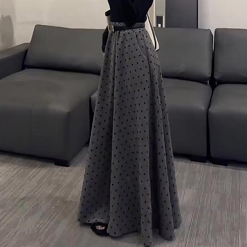 Plus Size Grey Retro Polka Dot Women's Autumn Long Skirt