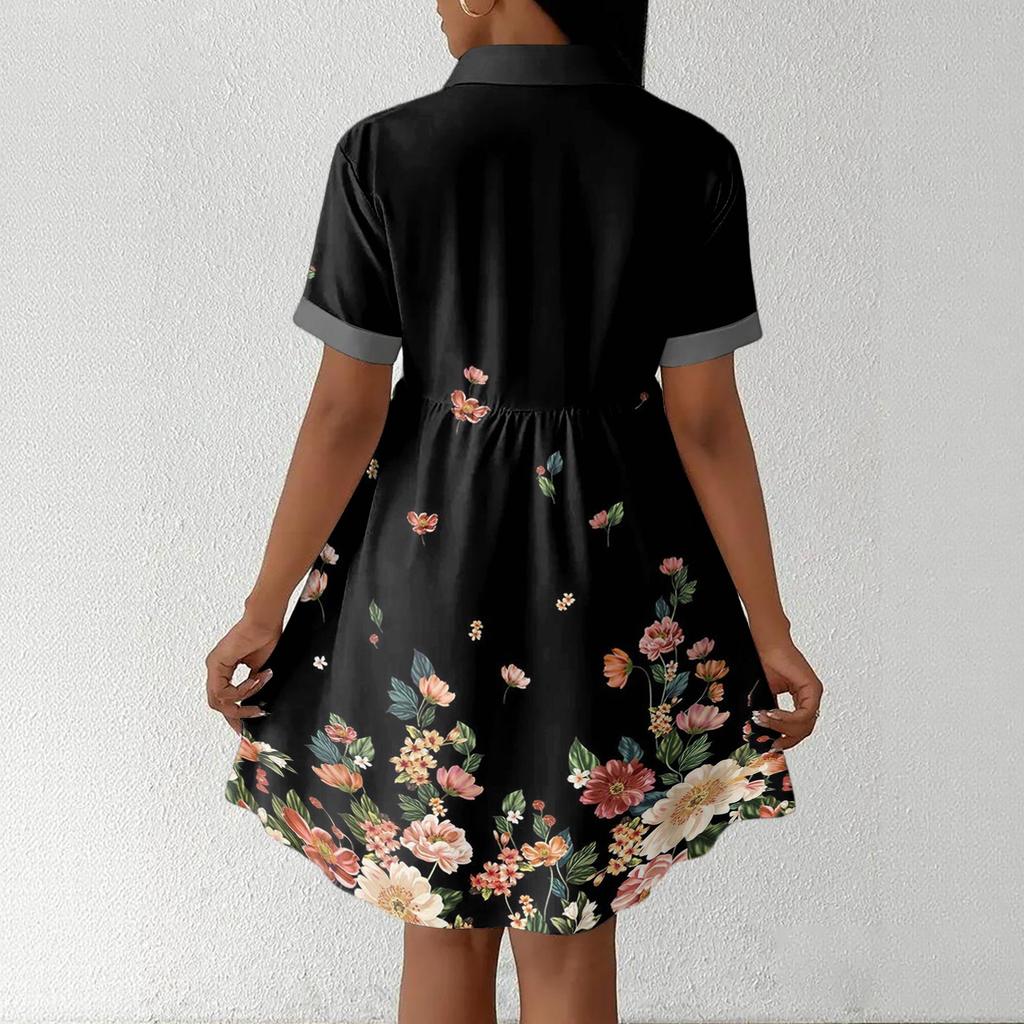 Women’s Casual Loose Fit Shirt Dress with Button Front Stand Collar Short Sleeve Polka Dot and Stripe Print Design