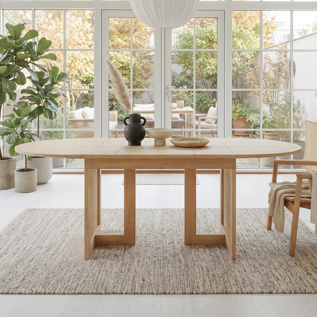 Extendable Dining Table 120/160 * 80 cm, suitable for 6–8 people, rounded corners, thickened tabletop, simple style, rattan table legs, oak color