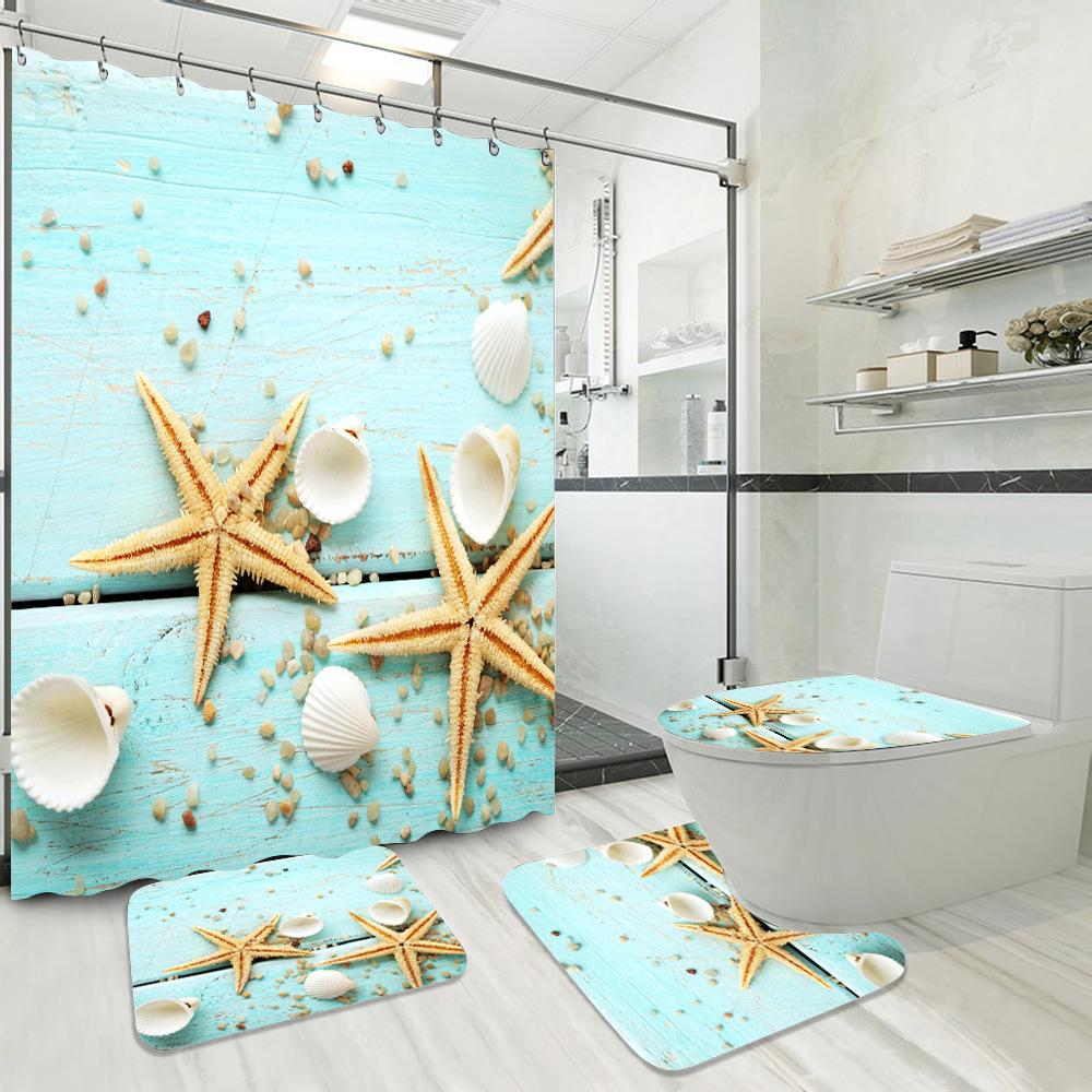 Blue Fishing Net And Whelk 3D Printed Waterproof Shower Curtain Non Slip Rugs Mat Polyester Fabric Waterproof With Hooks