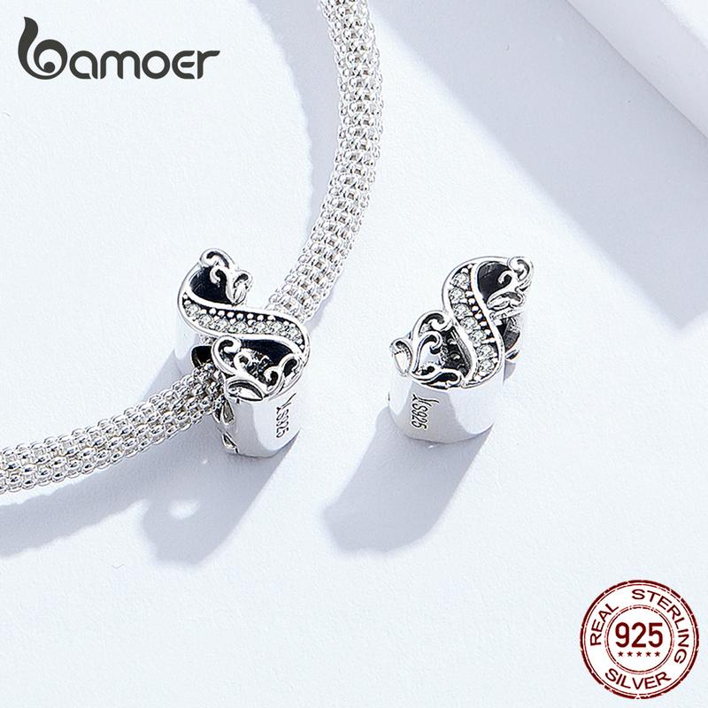 BAMOER Lucky Number 8 Bead Zircon Reliefs Real 925 Sterling Silver Charms Fit Original Bracelet