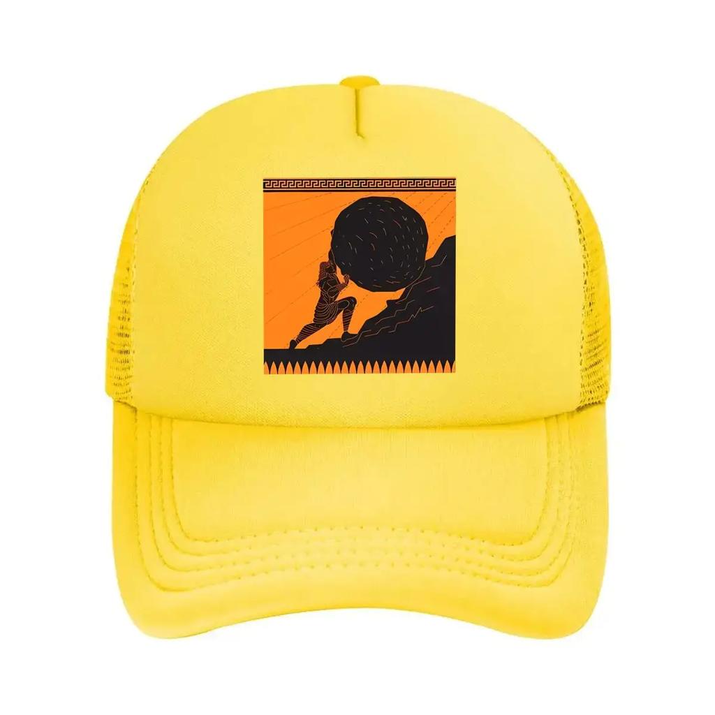 Mythological Figure Pushing Boulder In Orange - Themed Art Mesh Baseball Cap