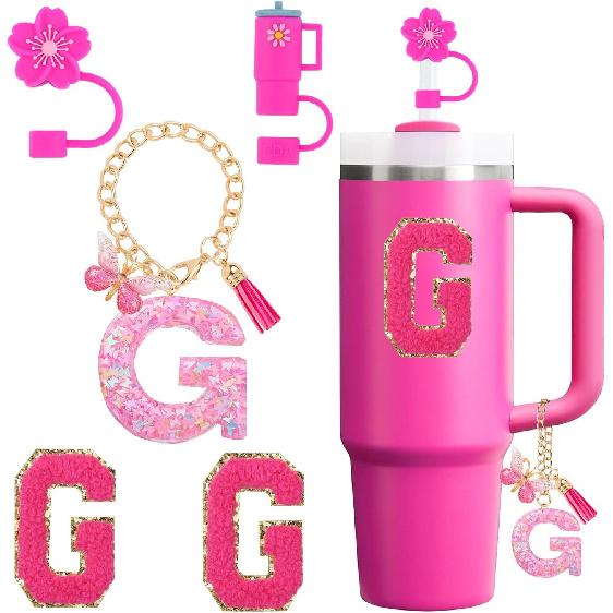 Cup Accessories Set for Stanley Cup 30oz 40oz tumbler with handle, Including Silicone Straw Topper Cover Cap, Handle Charm, Initials Sticker Fuchsia