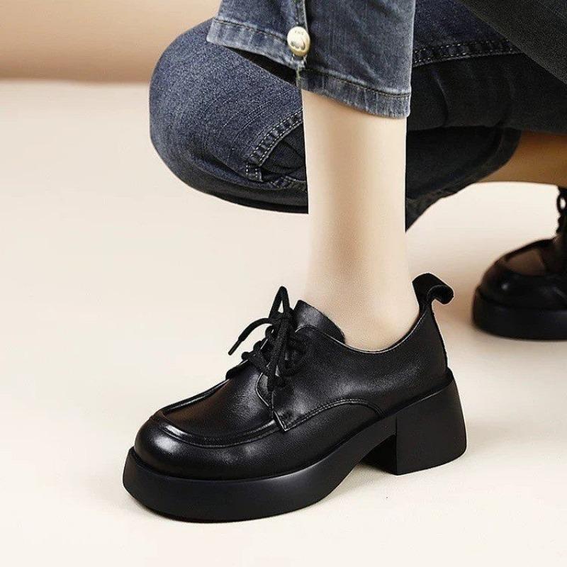 One-pedal women's single shoes spring and summer new medium thick heel soft leather breathable and comfortable small leather shoes