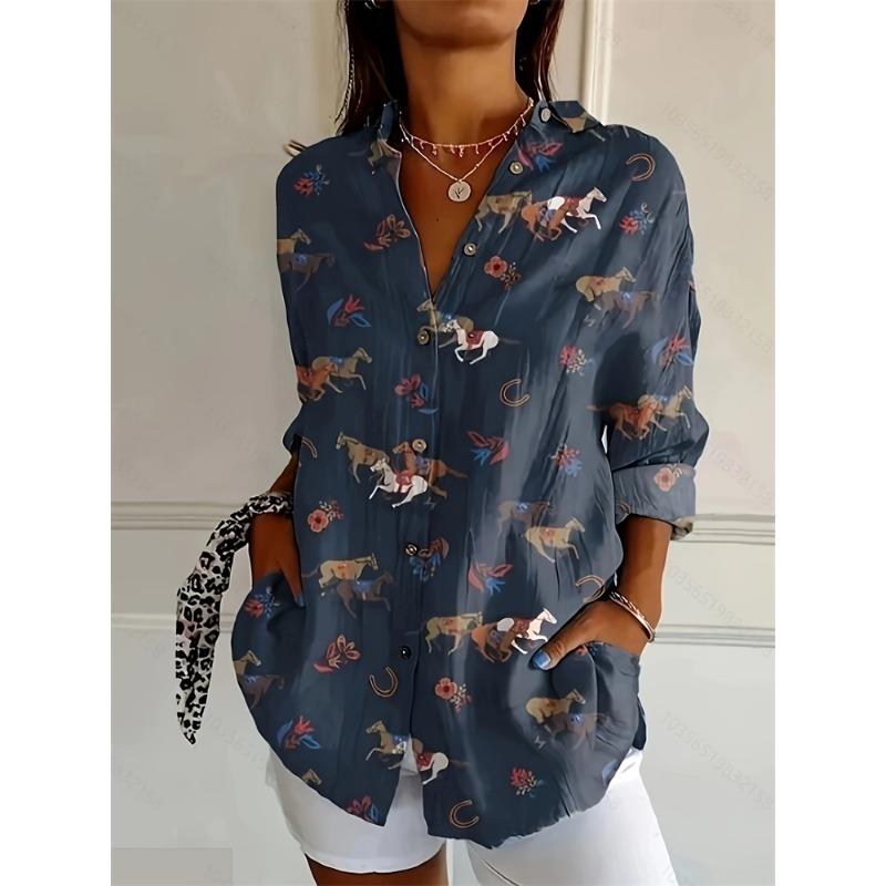 Mode Dames Zomer Revers Knopen Down Shirt 3D Gezicht Print Lange Mouwen Shirt Casual Grote Maat Outdoor Strand Bloemen Shirt