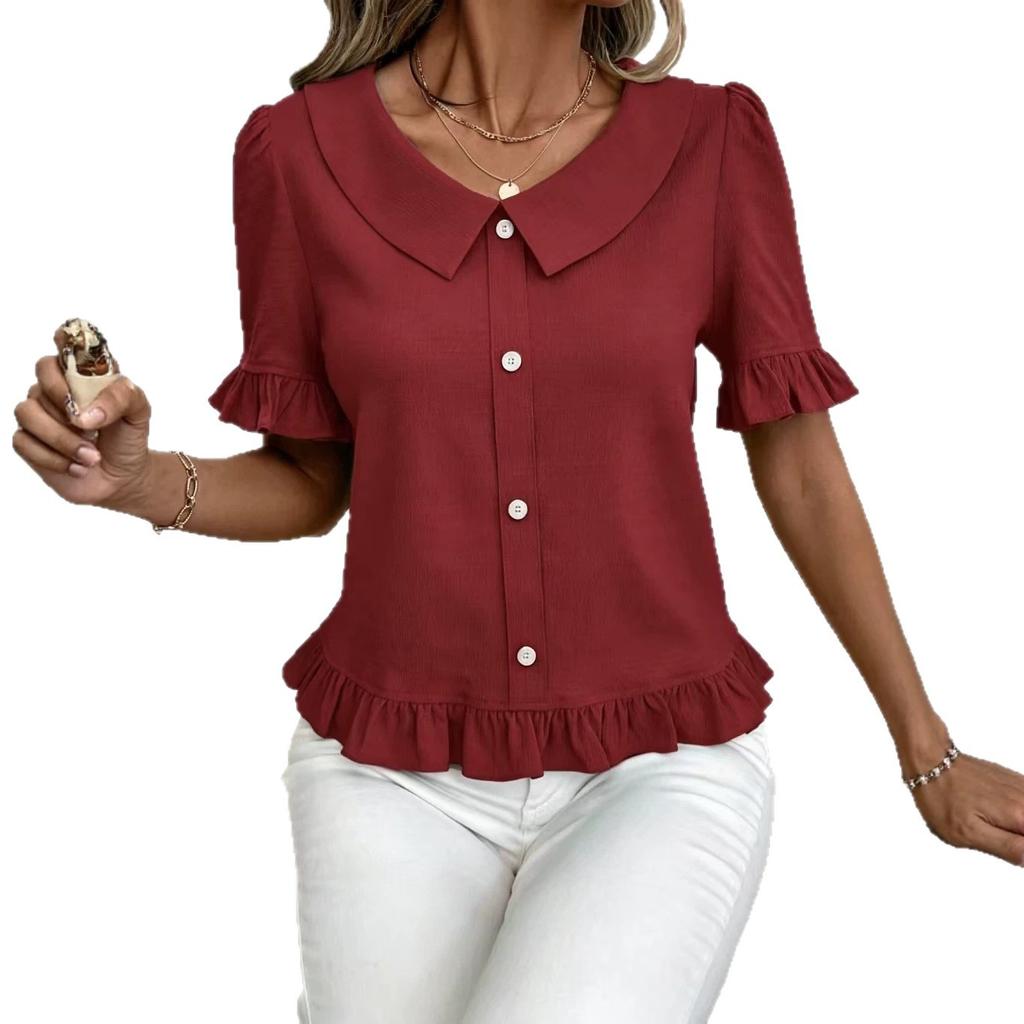 Lady's Front-buttoned Petal Short-sleeved Summer Fashion Pullover Casual Everyday Versatile Top