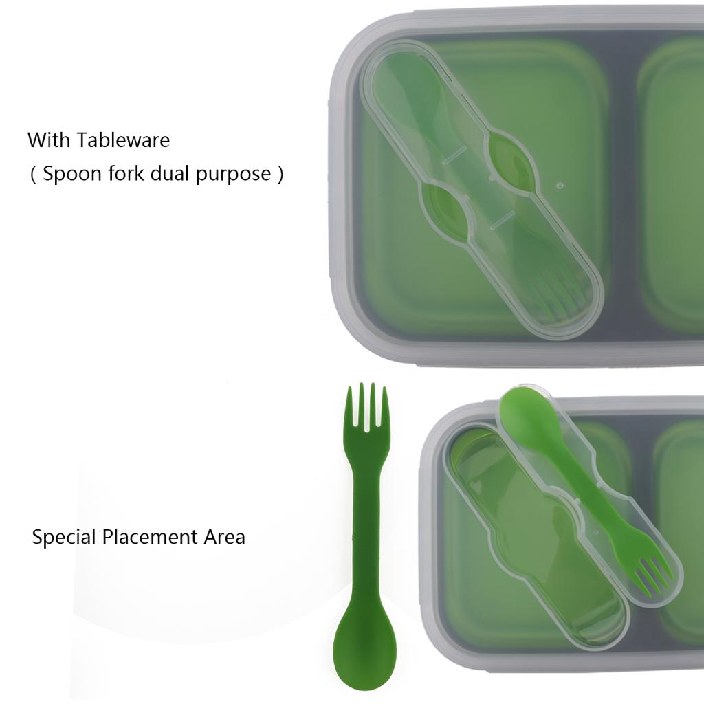 1100 ml leichte, rechteckige Silikon-Lunchbox mit zwei Gittern, skalierbar, faltbar, Bento-Box