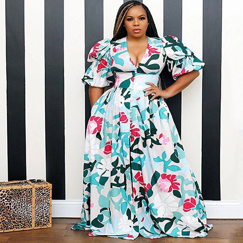 

2025 Cross-Border Spring and Summer New European and American Women s Fitted Flared Dress Chiffon Printed Beach Vacation Deep V-Neck Long Dress Sky Blue S
