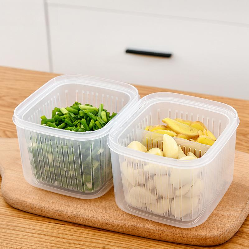 2 Grids Food Fruits Vegetables Storage Box Kitchen Ginger Garlic Box with Drain Basket for Kitchen Fresh-keeping Food Storage1PC