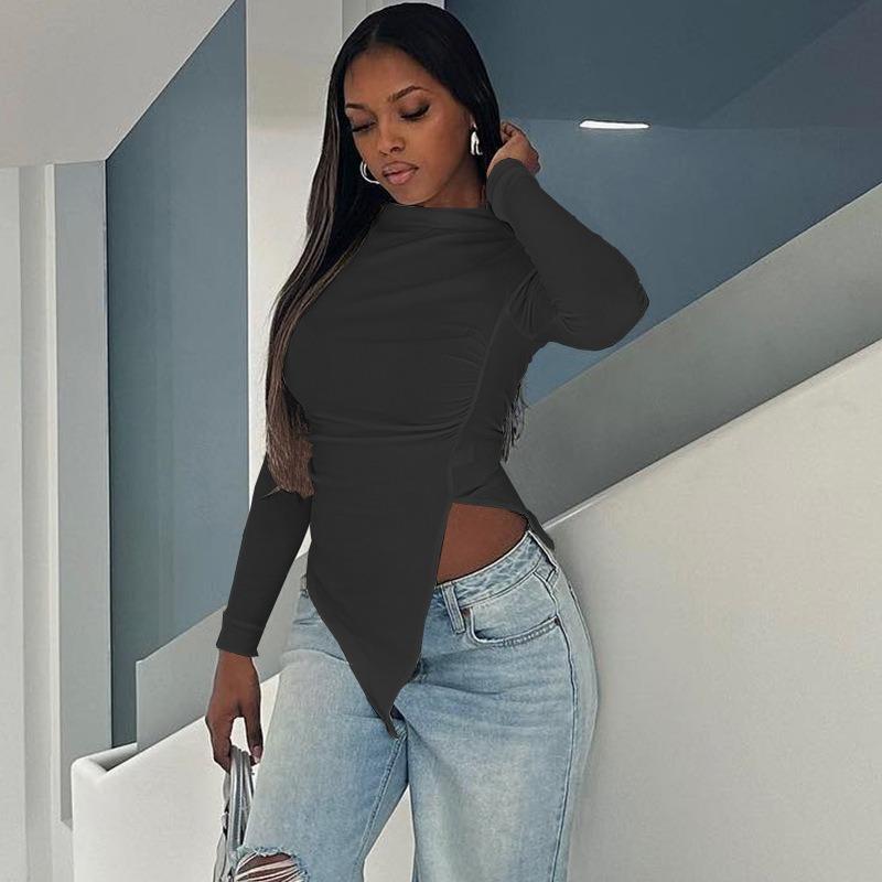 Women's Tight Round Neck Pullover Solid Colour Long Sleeve Pleated Irregular T-Shirt